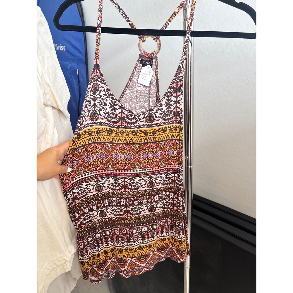 y2k Boho Tribal Festival Tank Top Rue21 O-Ring Racerback Cami Summer Print Large
